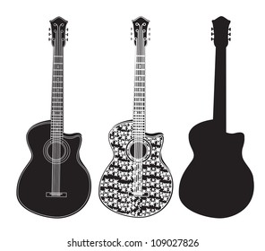 white with black guitars over white background
