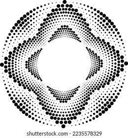 Los puntos de semitono blancos y negros en forma de vórtice. Arte geométrico. Elemento de diseño moderno.Líneas circulares y radiales volute, helix.Círculo segmentado con rotación.Líneas de arco radiante