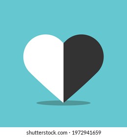 White and black halves forming heart shape. Love, opposites, tolerance, peace, marriage, communication and extremes concept. Flat design. EPS 8 vector illustration, no transparency, no gradients