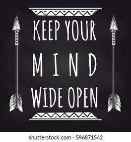 White and black hand drawn bohemian print with arrows and borders and hand lettering sign. Vector illustration