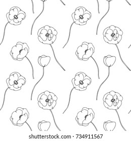 white black hand drawn contour poppy flowers