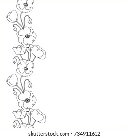white black hand drawn contour poppy flowers