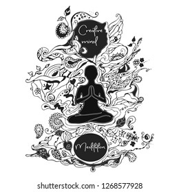  white and black hand drawn illustration creative mind, mindfulness and meditation concept  Doodle style vector,  