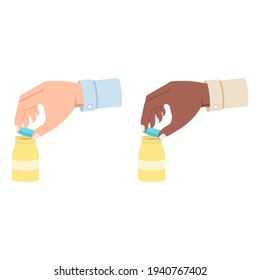 White and black hand holding a container for medicines vector illustration isolated on white background