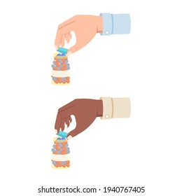 White and black hand holding container with medicines vector illustration isolated on white background