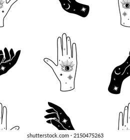 White and black hand on a white background. Celestial seamless pattern.