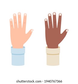 White and black hand shows five fingers, fifths vector illustration isolated on white background