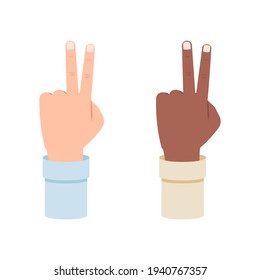 Mano blanca y negra muestra dos dedos, segunda ilustración vectorial aislada en fondo blanco