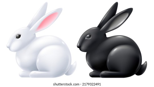 White and black hare porcelain or ceramic glossy figurine set. Rabbit symbol of 2023 Chinese New Year. Vector 3d illustration