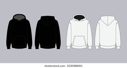 Maqueta con capucha blanca y negra en la parte delantera y trasera. Plantilla de sudadera unisex con estilo, perfecta para ropa casual o actividades deportivas