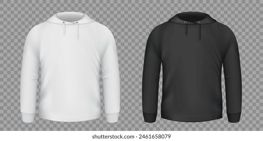 Weiße und schwarze Kapuzenpullover oder Sweatshirt. Vorlagen auf durchsichtigem Hintergrund isoliert. Vektorillustration