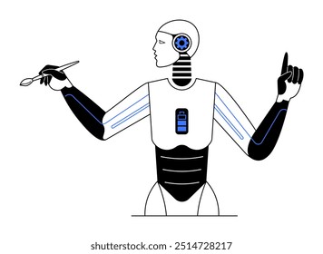 A white and black humanoid robot with blue accents holds a pencil and points upward. Ideal for technology, AI, creativity, innovation, and futuristic concepts. Line art style.