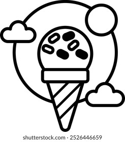 A white and black ice cream cone with sprinkles on top. The cone is surrounded by clouds and a sun