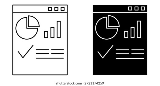 ein weißes und ein schwarzes Symbol, das ein Dokument mit einem Kreisdiagramm, einem Balkendiagramm, einem Häkchen und Textzeilen anzeigt.