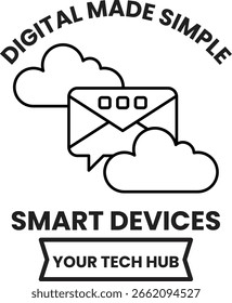 Una Imagen blanca y negra de una nube con una letra "D". La Imagen se titula «Digital Made Simple» y está relacionada con los dispositivos inteligentes
