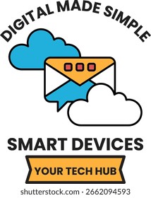 Una Imagen blanca y negra de una nube con una letra "D". La Imagen se titula «Digital Made Simple» y está relacionada con los dispositivos inteligentes