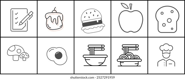 A white and black image of food items such as a sandwich, an apple, and a bowl of noodles 