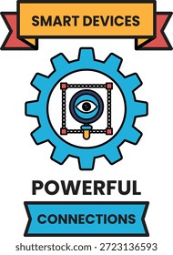 Uma imagem branca e preta de uma engrenagem com uma câmera nele. A imagem é intitulada "Dispositivos inteligentes: conexões poderosas"