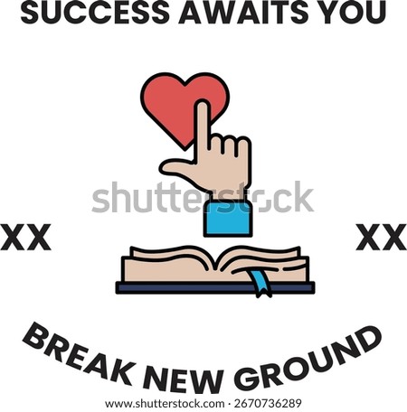 A white and black image of a hand pointing to a heart with the words "success awaits you" written below