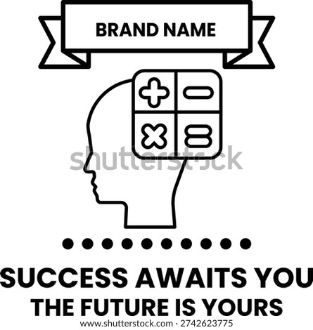 A white and black image of a head with a brain and a plus sign on it. The head is surrounded by a banner that says "Brand Name" and "Success awaits you"
