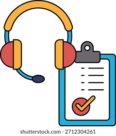 Una Imagen blanca y negra de un auricular y un Portapapeles con una marca de verificación. Concepto de un entorno de trabajo profesional, donde se utiliza un auricular para la comunicación