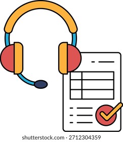 A white and black image of a headset and a piece of paper with a check mark on it