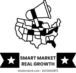Imagem branca e preta de um microfone com uma grande bandeira americana no fundo. A imagem é intitulada "Mercado inteligente crescimento real"