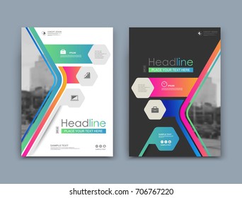 White, black info mockup. A4 brochure cover design. Fancy patch banner. Title sheet model set. Modern vector front page art. Urban city house board. Bright colored frame, logo icon. Ad flyer text font
