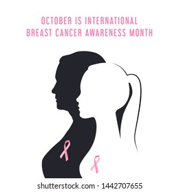 White and black isolated silhouettes of old and young woman with pink ribbon, text October is international Breast cancer awareness month.