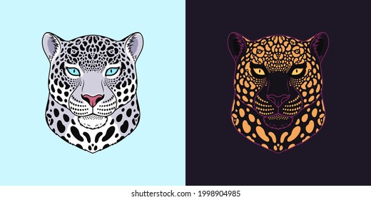 White and black jaguar head with blue and golden eyes, isolated jaguar face. Panther, predatory wildcat. Jaguar silhouette, logo, mascot. Vector illustration for graphic design of cover, poster, print