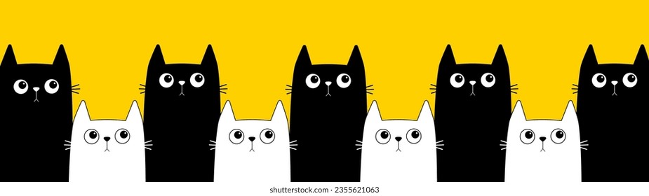 White black kitten pattern banner. Cat head face line set. Different size big small middle. Cats family. Cute cartoon funny character. Pet collection. Flat design. Yellow background Vector