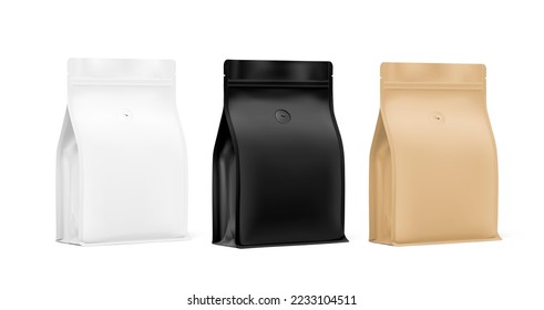 White, black and kraft stand-up pouch bags with flat bottom side gusseted and air valve. Realistic mockup. Half side view. Perfect for the presentation your product. EPS10.	