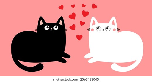 White Black laying cat girl boy. Cute sad face head. Kitten love couple. Red heart set. Happy Valentines Day. Cartoon kitty character. Kawaii animal. Love card. Flat design. Pink background. Vector