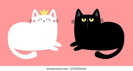 White Black laying cat girl boy. Cute sad happy face head. Kitten princess golden crown. Happy Valentines Day. Cartoon kitty character. Kawaii animal. Love card. Flat design. Pink background. Vector