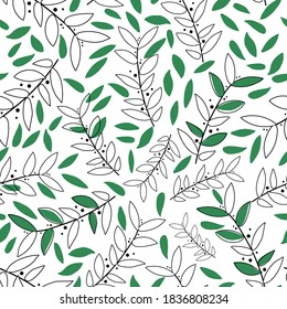 Blanco con contornos de hojas negras y hojas verdes diseño de fondo de patrón sin fisuras.