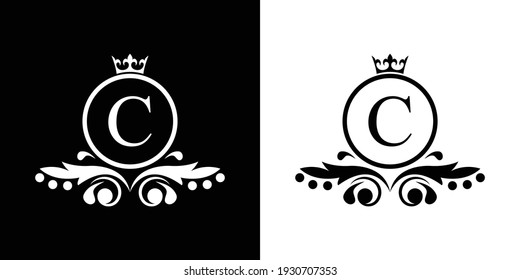 white and black Letter C template logo Luxury gold letter with crown. Monogram alphabet . Beautiful royal initials letter.	