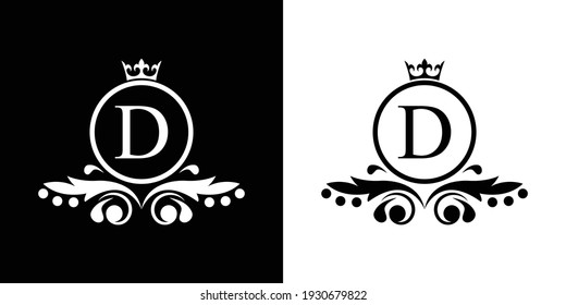 white and black Letter D template logo Luxury gold letter with crown. Monogram alphabet . Beautiful royal initials letter.	