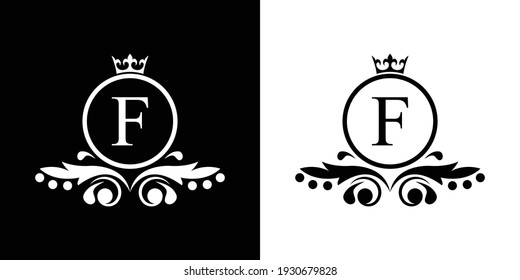 white and black Letter F  template logo Luxury gold letter with crown. Monogram alphabet . Beautiful royal initials letter.	