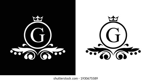 logotipo de la plantilla de letras blancas y negras G Letra de oro de lujo con corona. Alfabeto monograma . Hermosa carta de iniciales reales.	