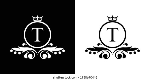 white and black Letter T template logo Luxury gold letter with crown. Monogram alphabet . Beautiful royal initials letter.	