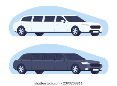 White and black limousines. Luxurious automobiles. Cars driving. Auto transportation. Expensive long vehicles for celebrity. VIP transports. Wedding carsharing dealership