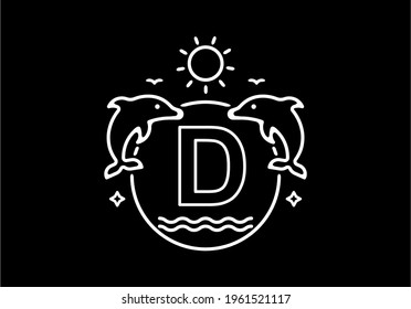 White black line art illustration of D initial name in dolphins frame design