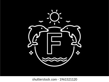White black line art illustration of F initial name in dolphins frame design
