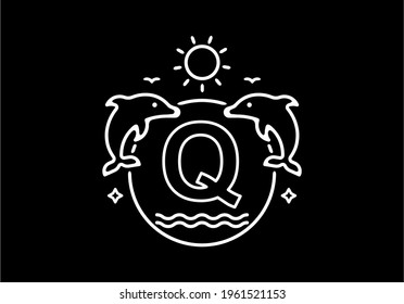 White black line art illustration of Q initial name in dolphins frame design