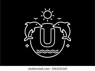 White black line art illustration of U initial name in dolphins frame design