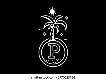 White black line art illustration of coconut tree in the beach with P initial letter design