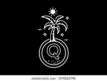 White black line art illustration of coconut tree in the beach with Q initial letter design
