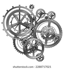 White and black linear gear wheels in flat style hole on yellow background. Vintage engraving stylized drawing. Vector Illustration