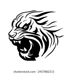 White and black lines on a tiger's face, baring its fangs.Vector illustration isolated on white.