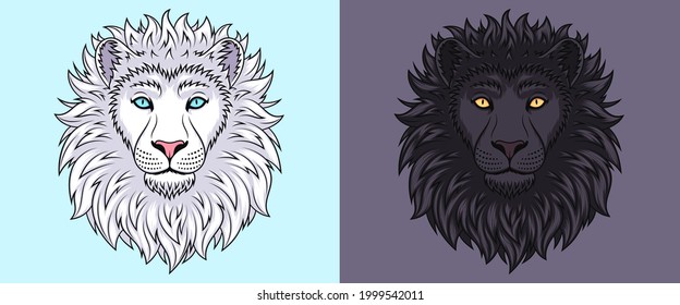 White and black lion head with blue and golden eyes, isolated lion face. Predatory wildcat. Lion silhouette, logo and mascot. Vector illustration for graphic design of cover, poster and print